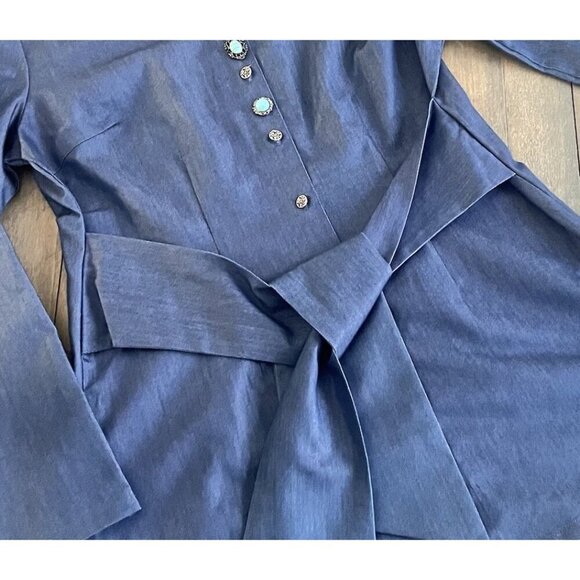 Mishca Blue Long Sleeve Shirt Dress w/Belt & Turquoise Ornate Buttons Size 8(MM) - Picture 3 of 9